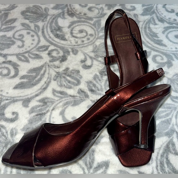 Harold’s Size 8M metallic copper brown Paten leather upper sling back heel strap - Picture 2 of 8